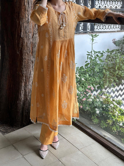 Deep Peach Shade Malmal Mukaish Kamdani Chikankari Stitched Kurta Dupatta Set