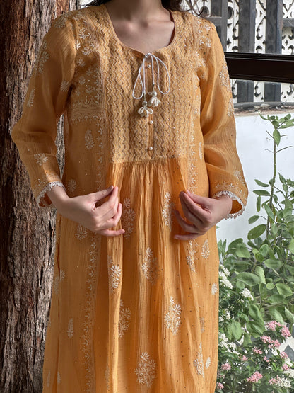 Deep Peach Shade Malmal Mukaish Kamdani Chikankari Stitched Kurta Dupatta Set