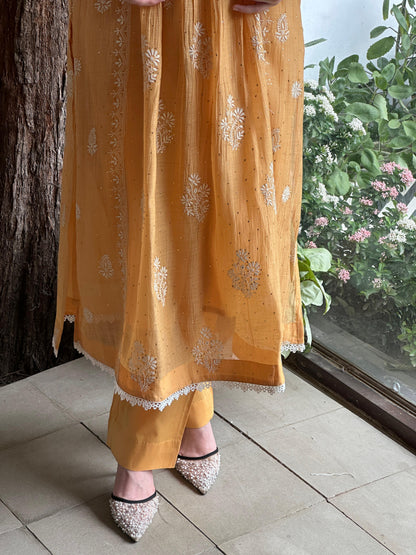 Deep Peach Shade Malmal Mukaish Kamdani Chikankari Stitched Kurta Dupatta Set