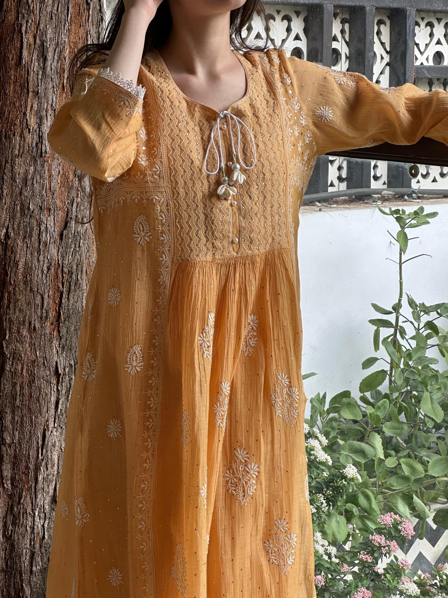 Deep Peach Shade Malmal Mukaish Kamdani Chikankari Stitched Kurta Dupatta Set