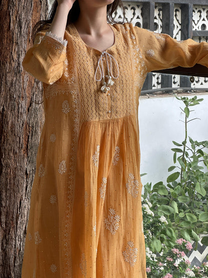 Deep Peach Shade Malmal Mukaish Kamdani Chikankari Stitched Kurta Dupatta Set