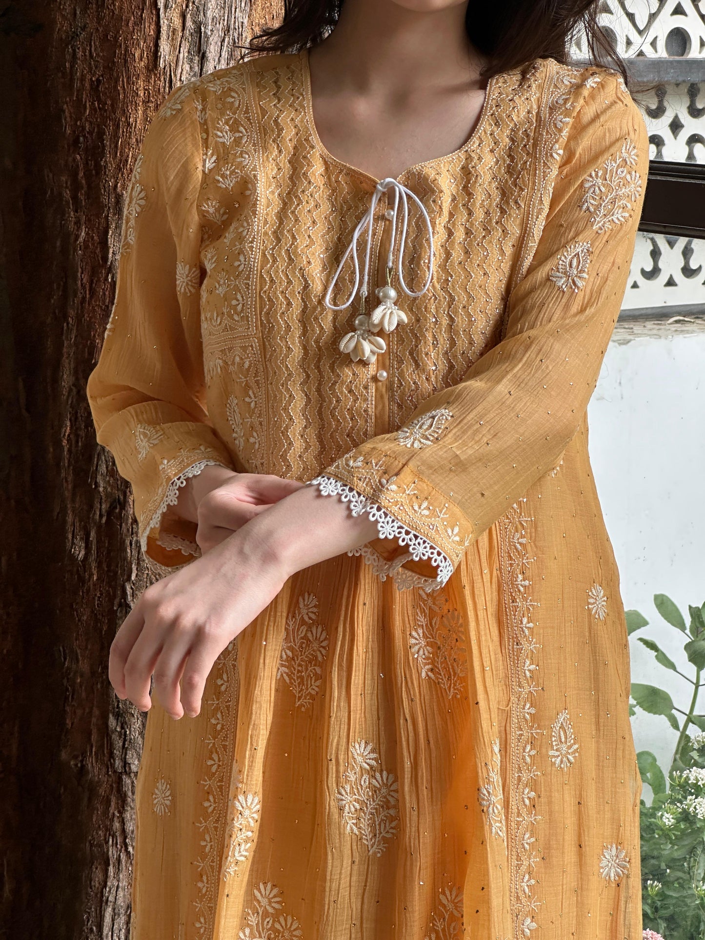Deep Peach Shade Malmal Mukaish Kamdani Chikankari Stitched Kurta Dupatta Set