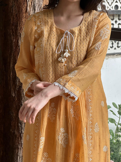 Deep Peach Shade Malmal Mukaish Kamdani Chikankari Stitched Kurta Dupatta Set