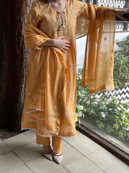 Deep Peach Shade Malmal Mukaish Kamdani Chikankari Stitched Kurta Dupatta Set