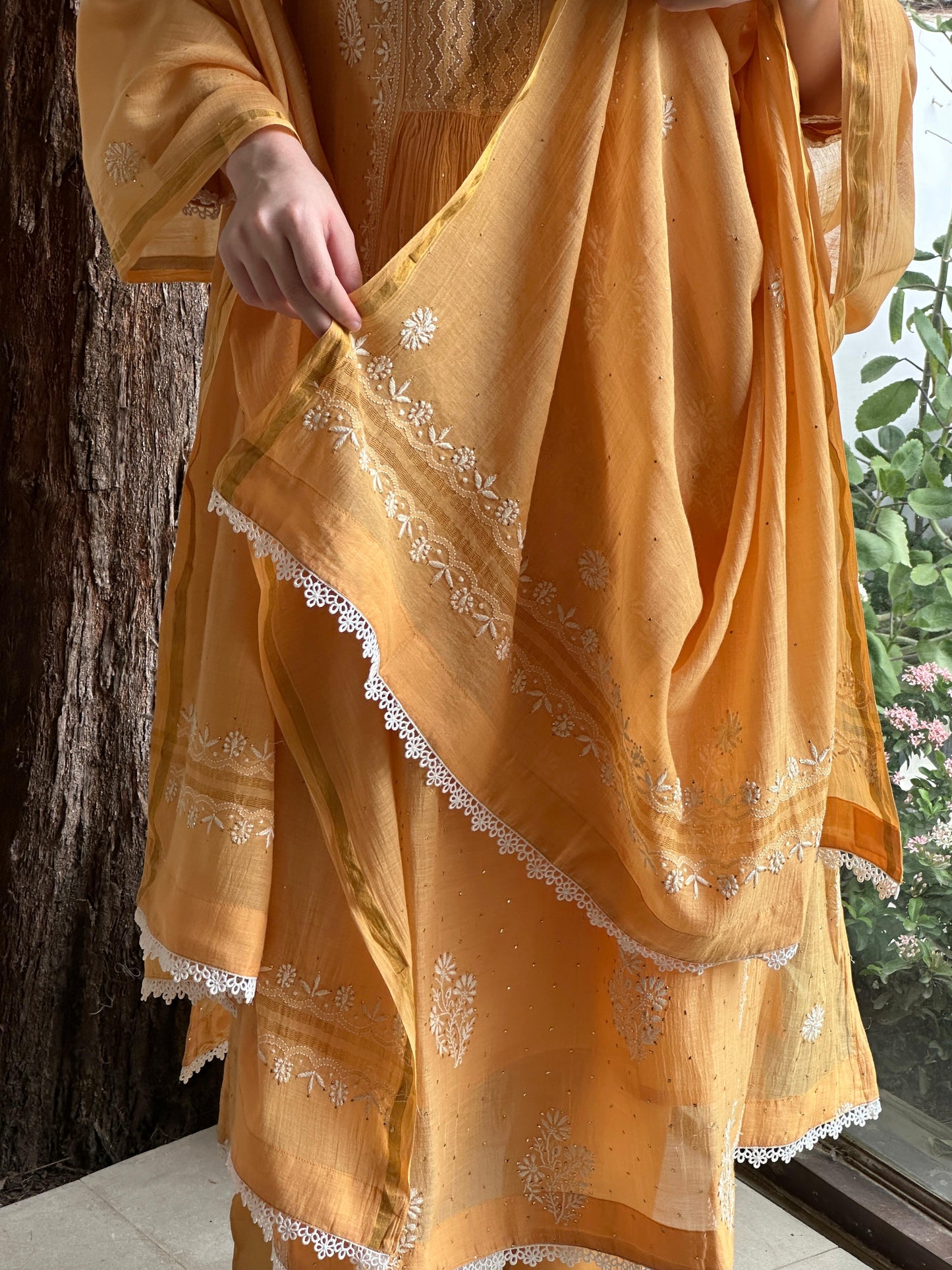 Deep Peach Shade Malmal Mukaish Kamdani Chikankari Stitched Kurta Dupatta Set