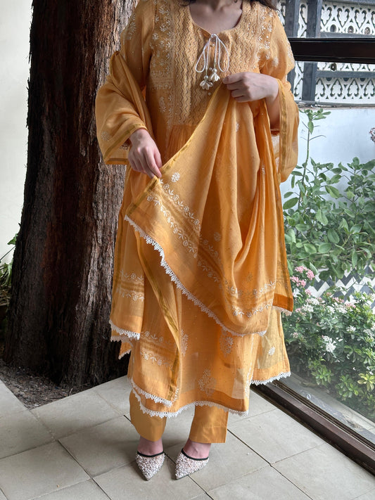 Deep Peach Shade Malmal Mukaish Kamdani Chikankari Stitched Kurta Dupatta Set
