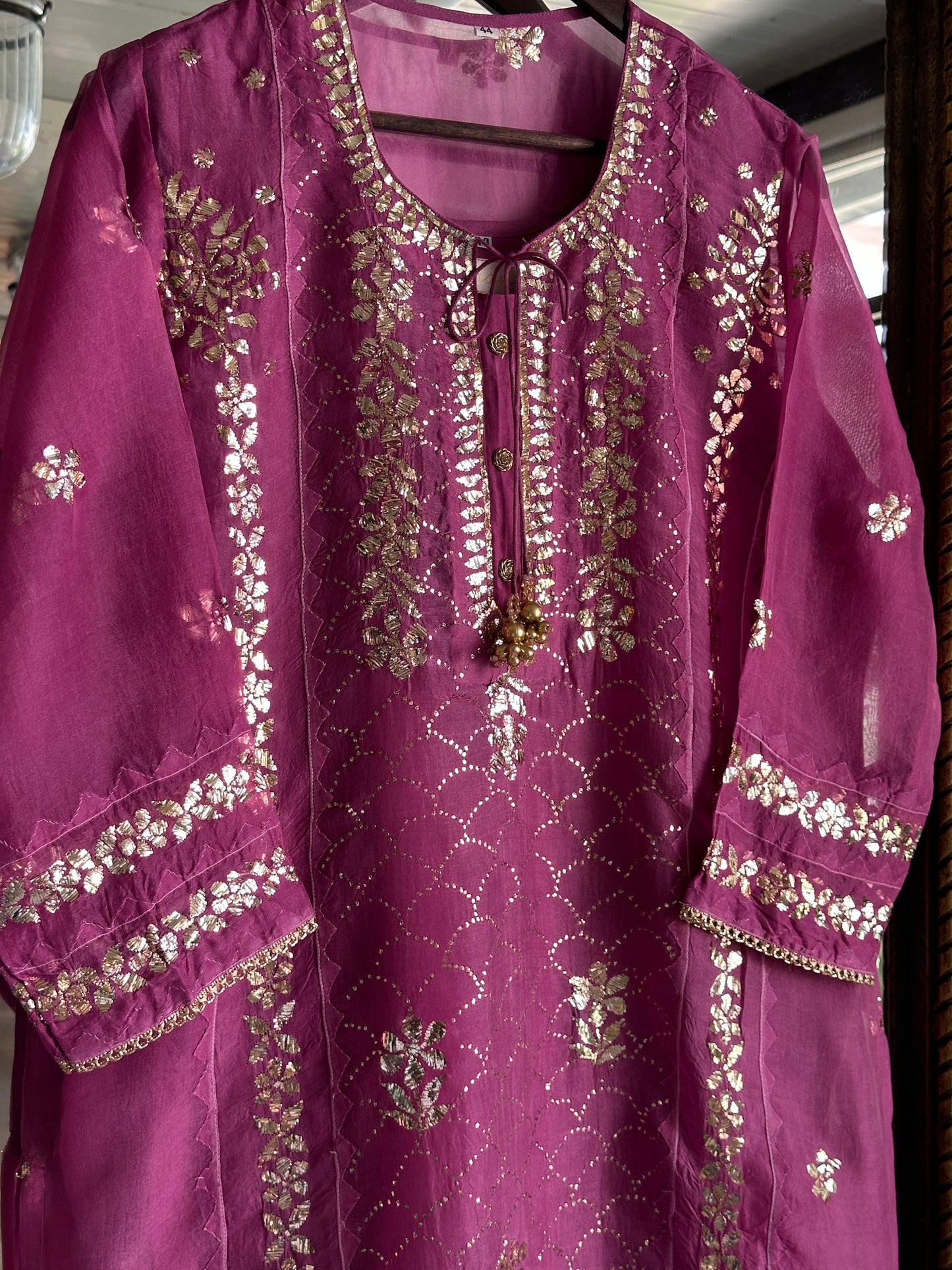 Deep Plum Shade Noor Organza Applique Kurta Set