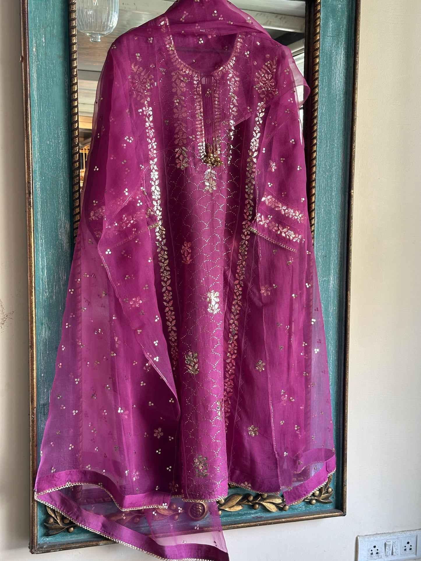 Deep Plum Shade Noor Organza Applique Kurta Set