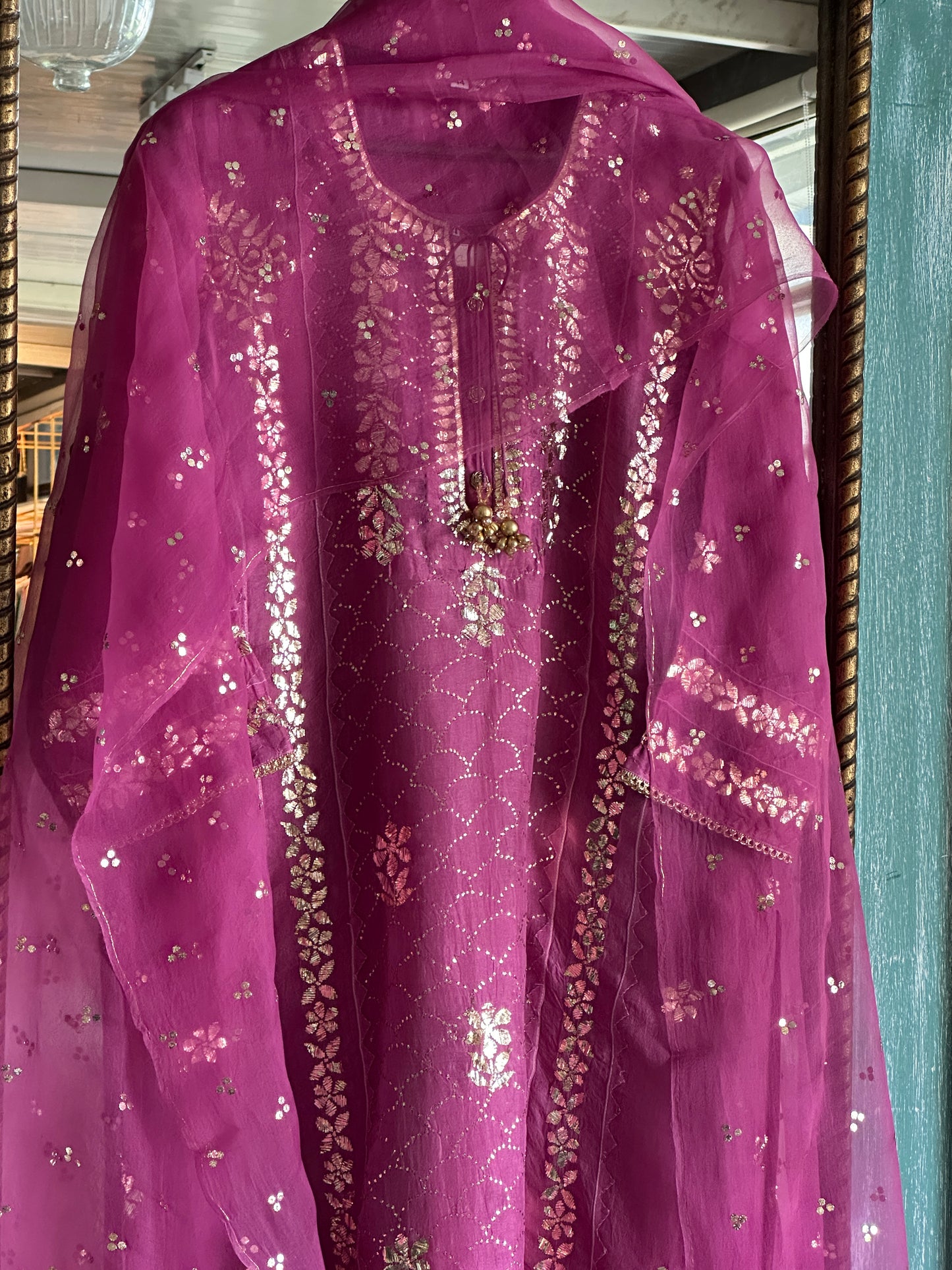 Deep Plum Shade Noor Organza Applique Kurta Set