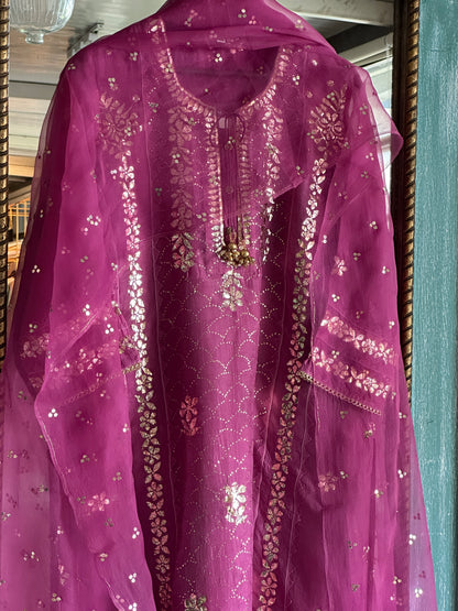 Deep Plum Shade Noor Organza Applique Kurta Set