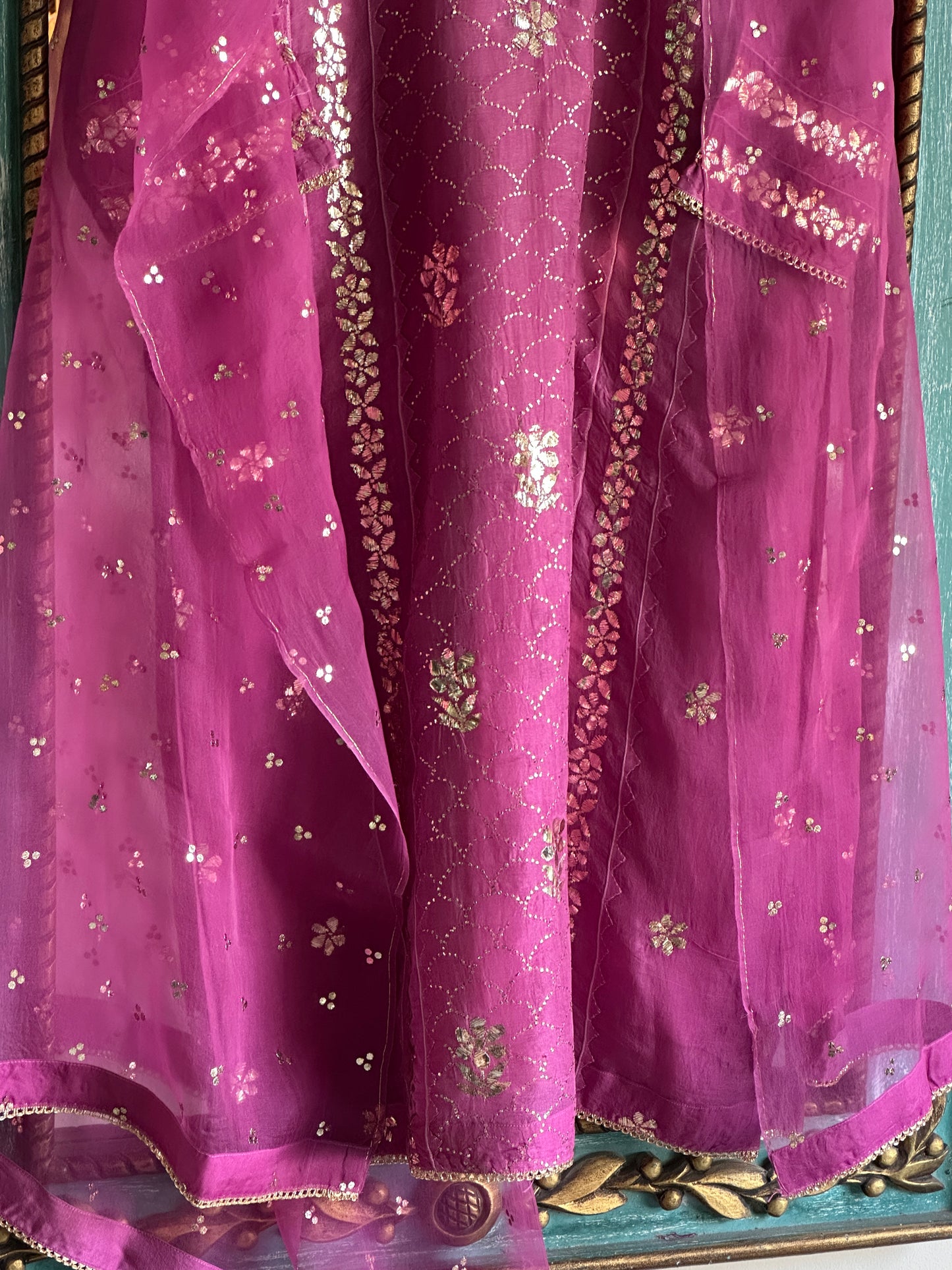 Deep Plum Shade Noor Organza Applique Kurta Set