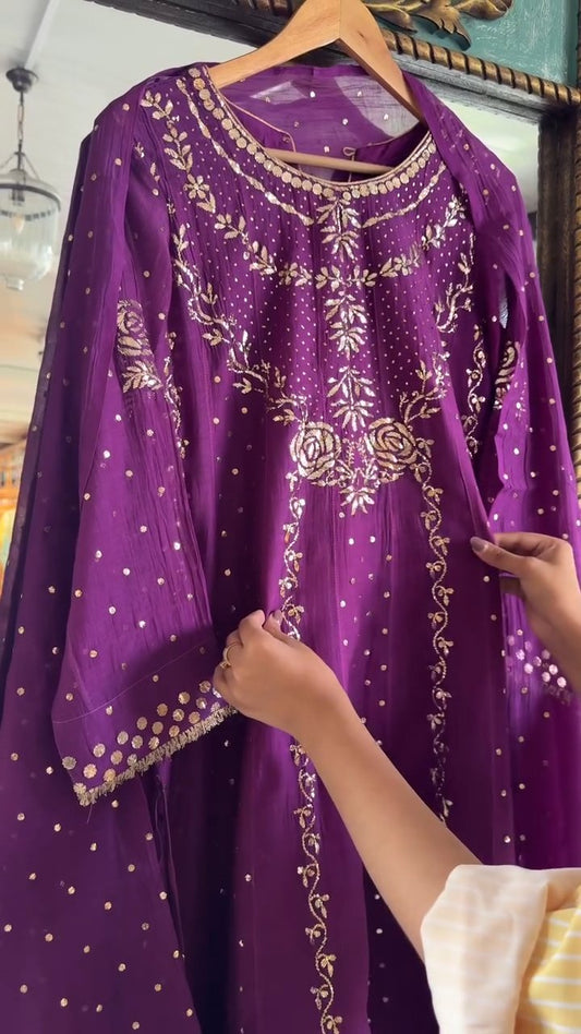 Deep Purple Badla Mukaish Chanderi Silk Anarkali Kurta Set