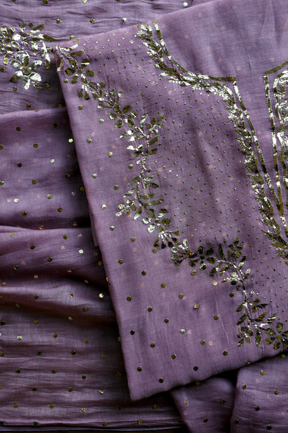 Deep Purple Chanderi Silk Mukaish Badla Unstitched Fabric