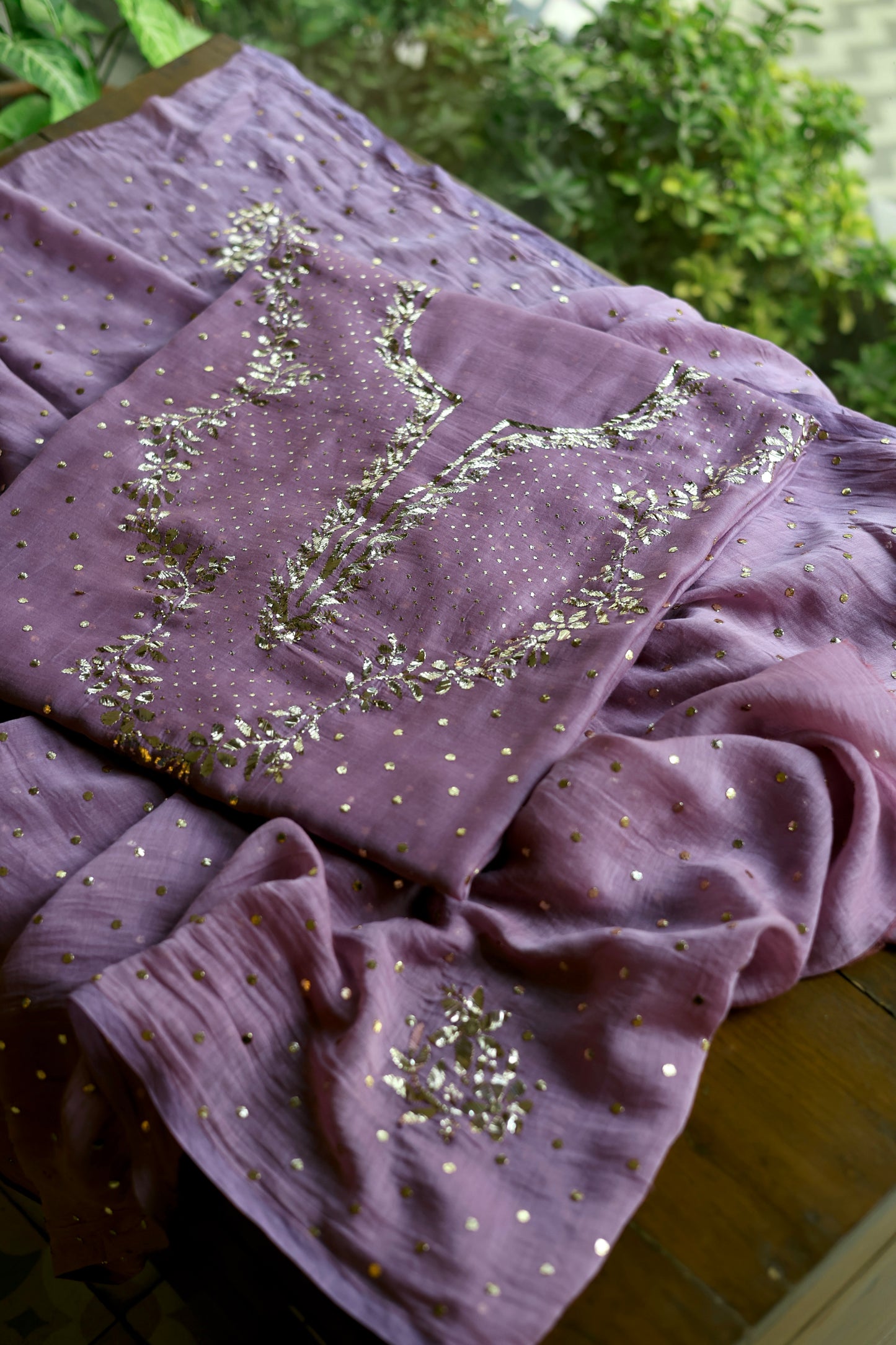 Deep Purple Chanderi Silk Mukaish Badla Unstitched Fabric