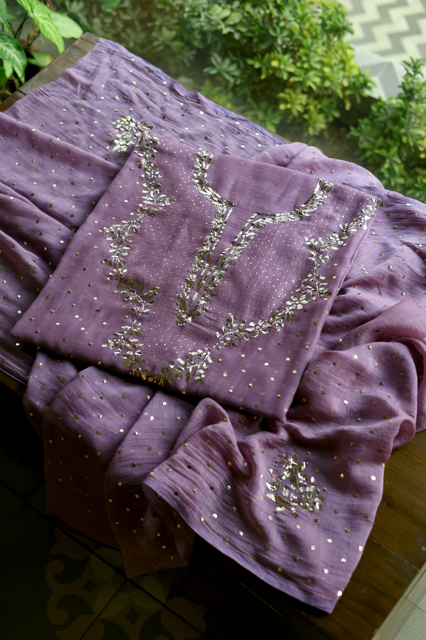 Deep Purple Chanderi Silk Mukaish Badla Unstitched Fabric