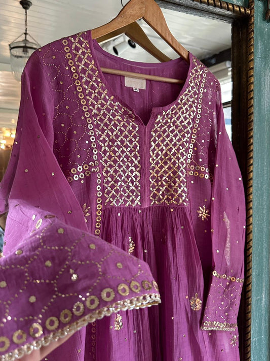 Deep Purple Mukaish Mul Chanderi Silk Ready To Wear Dress
