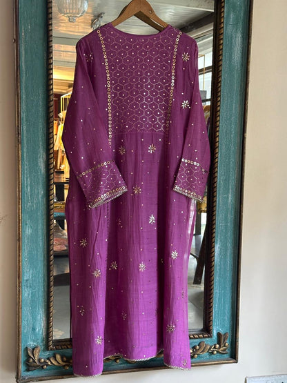Deep Purple Mukaish Mul Chanderi Silk Ready To Wear Dress