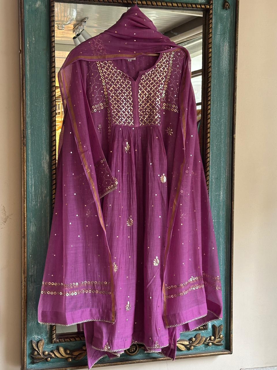 Deep Purple Mukaish Mul Chanderi Silk Ready To Wear Dress