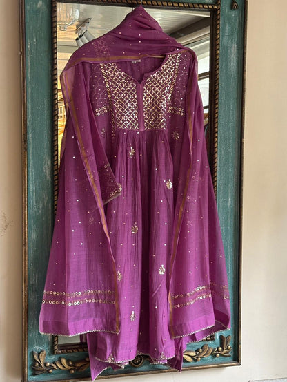 Deep Purple Mukaish Mul Chanderi Silk Ready To Wear Dress