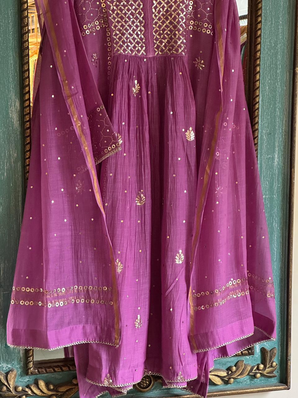 Deep Purple Mukaish Mul Chanderi Silk Ready To Wear Dress