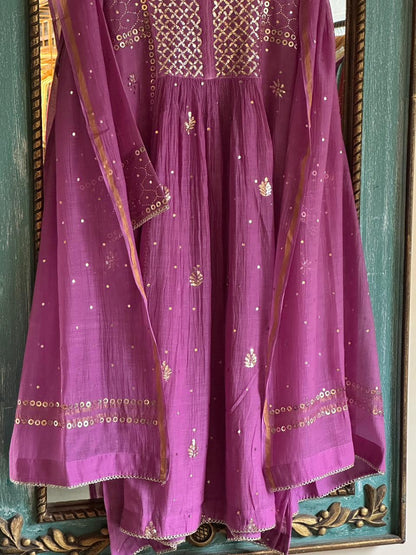 Deep Purple Mukaish Mul Chanderi Silk Ready To Wear Dress