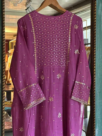 Deep Purple Mukaish Mul Chanderi Silk Ready To Wear Dress