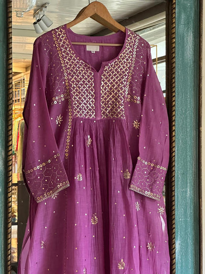 Deep Purple Mukaish Mul Chanderi Silk Ready To Wear Dress