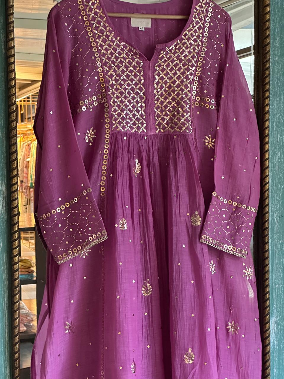 Deep Purple Mukaish Mul Chanderi Silk Ready To Wear Dress