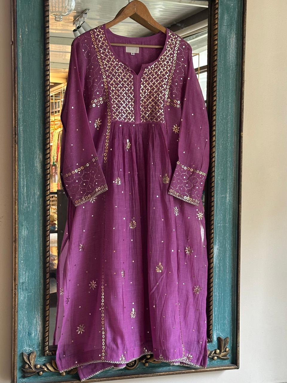 Deep Purple Mukaish Mul Chanderi Silk Ready To Wear Dress