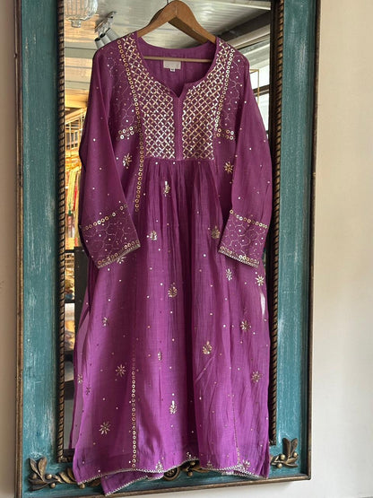 Deep Purple Mukaish Mul Chanderi Silk Ready To Wear Dress