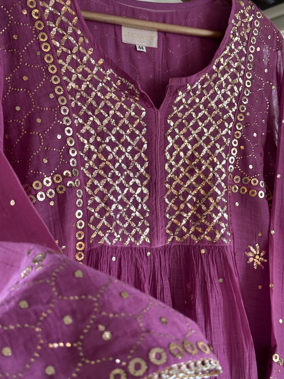 Deep Purple Mukaish Mul Chanderi Silk Ready To Wear Dress