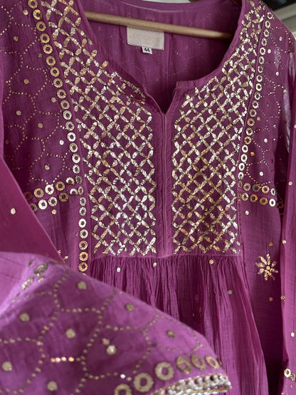 Deep Purple Mukaish Mul Chanderi Silk Ready To Wear Dress