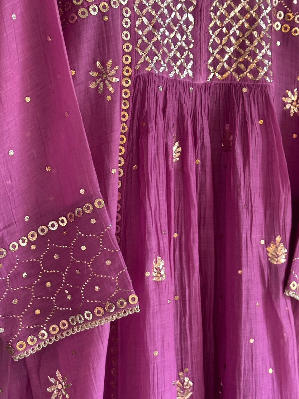 Deep Purple Mukaish Mul Chanderi Silk Ready To Wear Dress