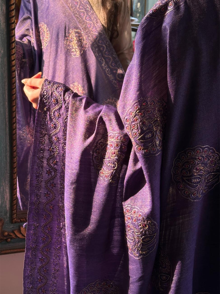 Deep Purple Shade Fine Chikankari Ari Tissue Silk Dupatta