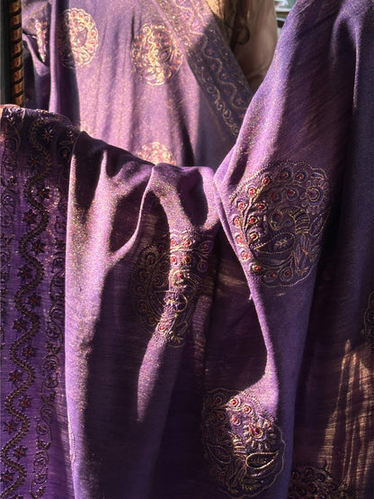 Deep Purple Shade Fine Chikankari Ari Tissue Silk Dupatta