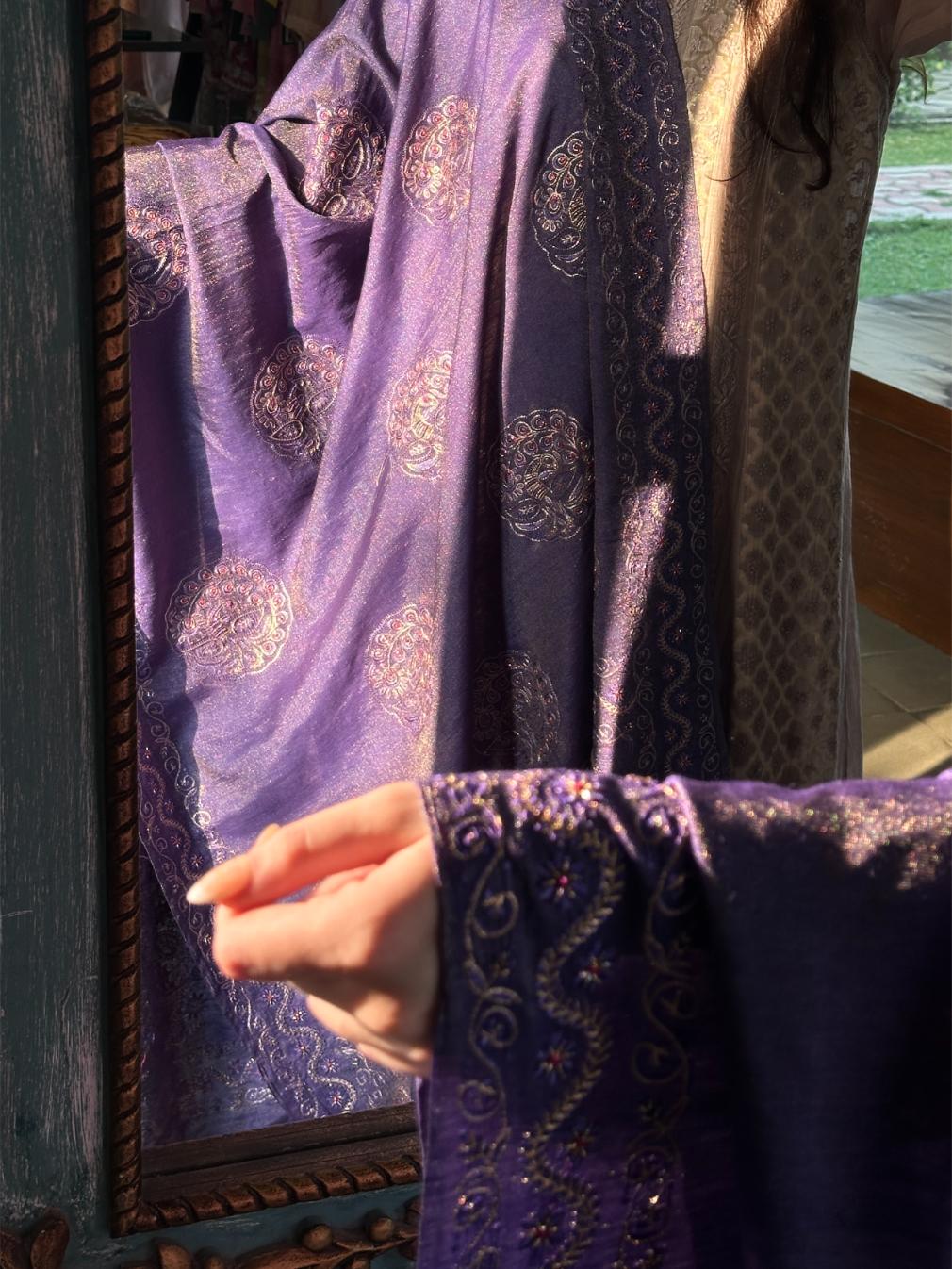 Deep Purple Shade Fine Chikankari Ari Tissue Silk Dupatta