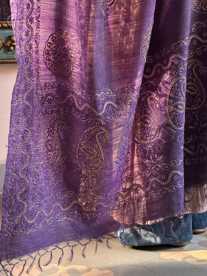 Deep Purple Shade Fine Chikankari Ari Tissue Silk Dupatta