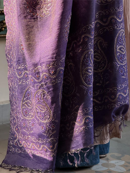Deep Purple Shade Fine Chikankari Ari Tissue Silk Dupatta