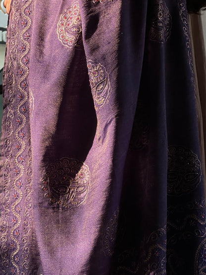 Deep Purple Shade Fine Chikankari Ari Tissue Silk Dupatta