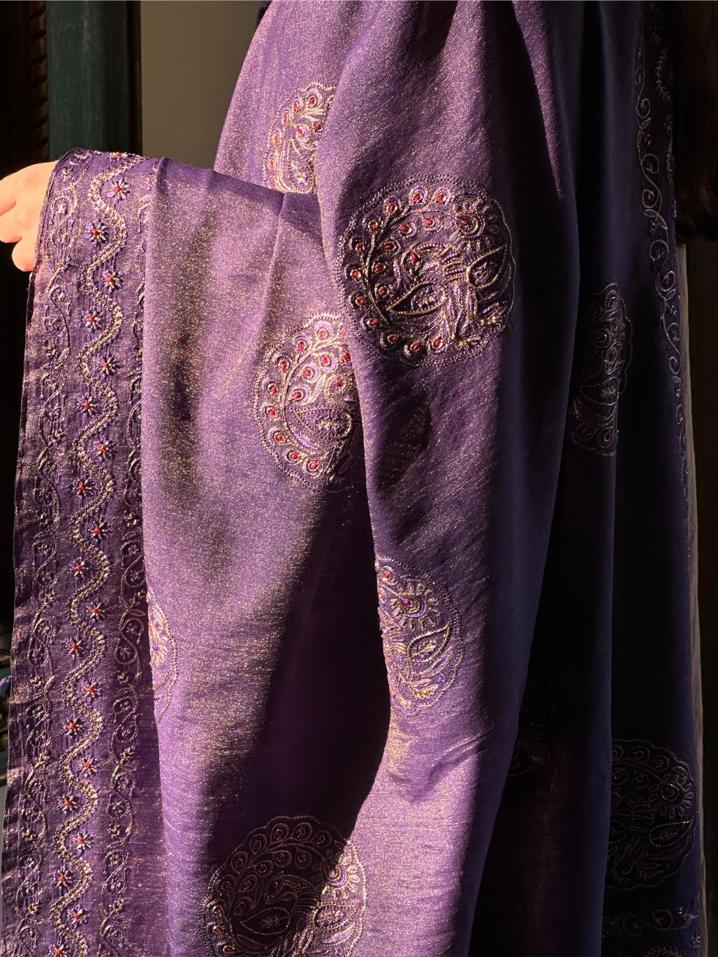 Deep Purple Shade Fine Chikankari Ari Tissue Silk Dupatta