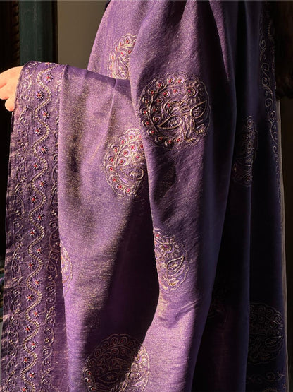 Deep Purple Shade Fine Chikankari Ari Tissue Silk Dupatta