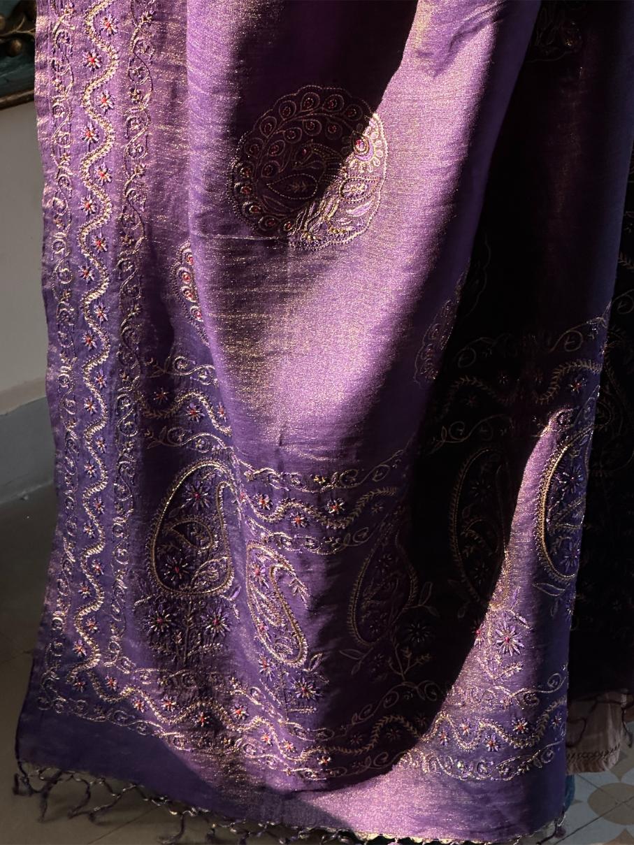 Deep Purple Shade Fine Chikankari Ari Tissue Silk Dupatta