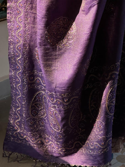 Deep Purple Shade Fine Chikankari Ari Tissue Silk Dupatta