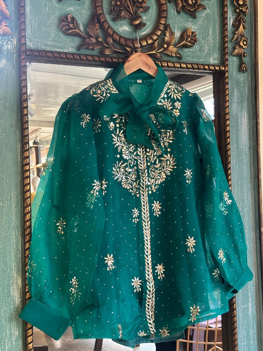 Deep Teal Green Noor Organza Mukaish Badla Short Top With Bow Tie