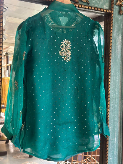 Deep Teal Green Noor Organza Mukaish Badla Short Top With Bow Tie