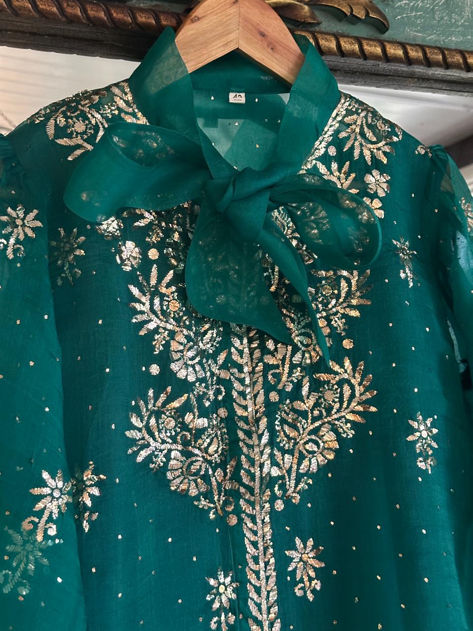 Deep Teal Green Noor Organza Mukaish Badla Short Top With Bow Tie