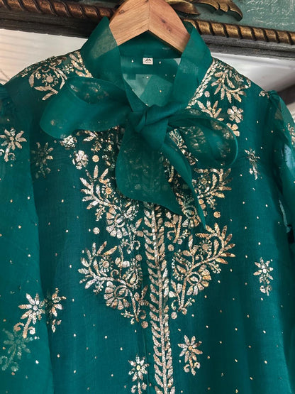 Deep Teal Green Noor Organza Mukaish Badla Short Top With Bow Tie