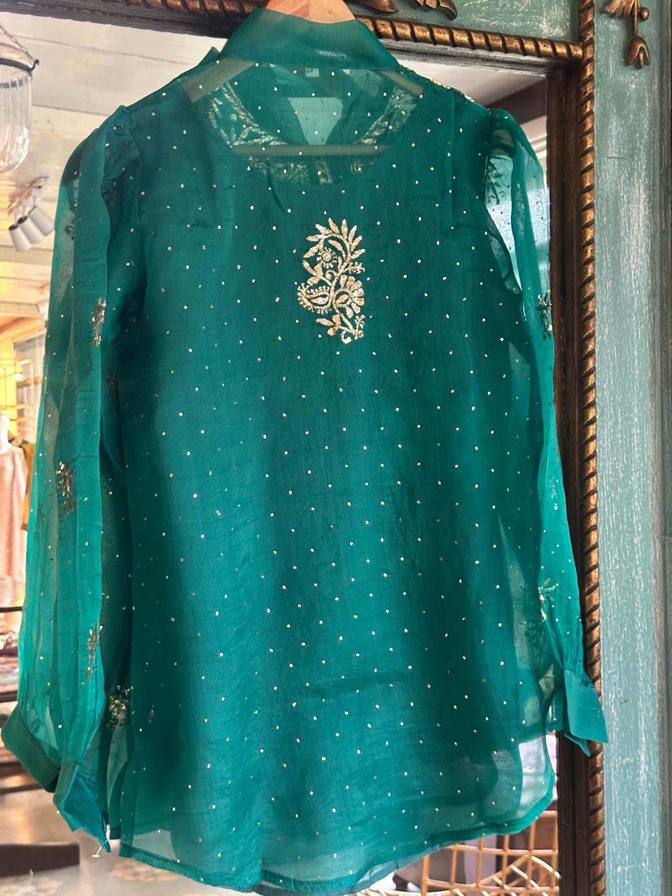 Deep Teal Green Noor Organza Mukaish Badla Short Top With Bow Tie