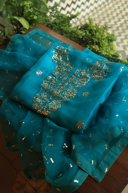 Deep Teal Shade Noor Organza Silk Chikankari Unstitched Kurta Dupatta Set