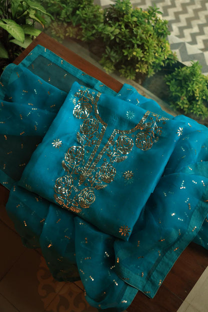 Deep Teal Shade Noor Organza Silk Chikankari Unstitched Kurta Dupatta Set